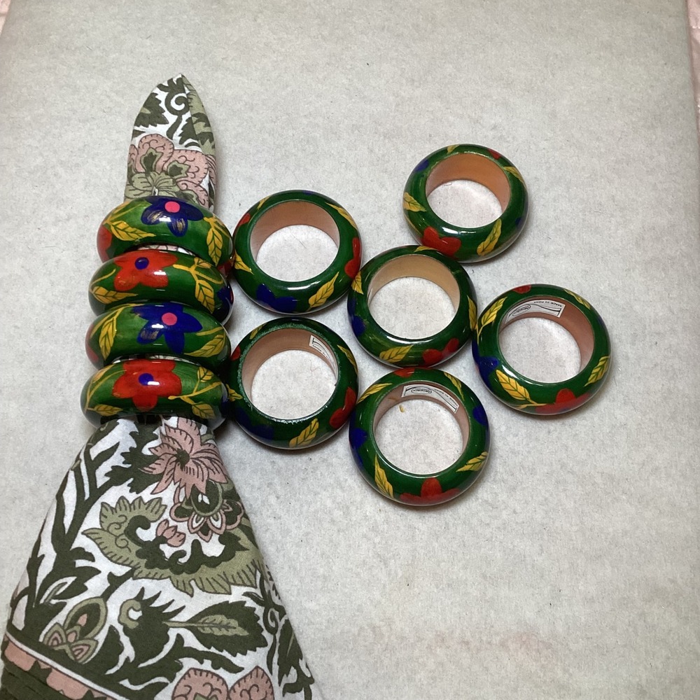 Simplex International Hand Painted Wood Napkin Rings Green Floral Set (10) India